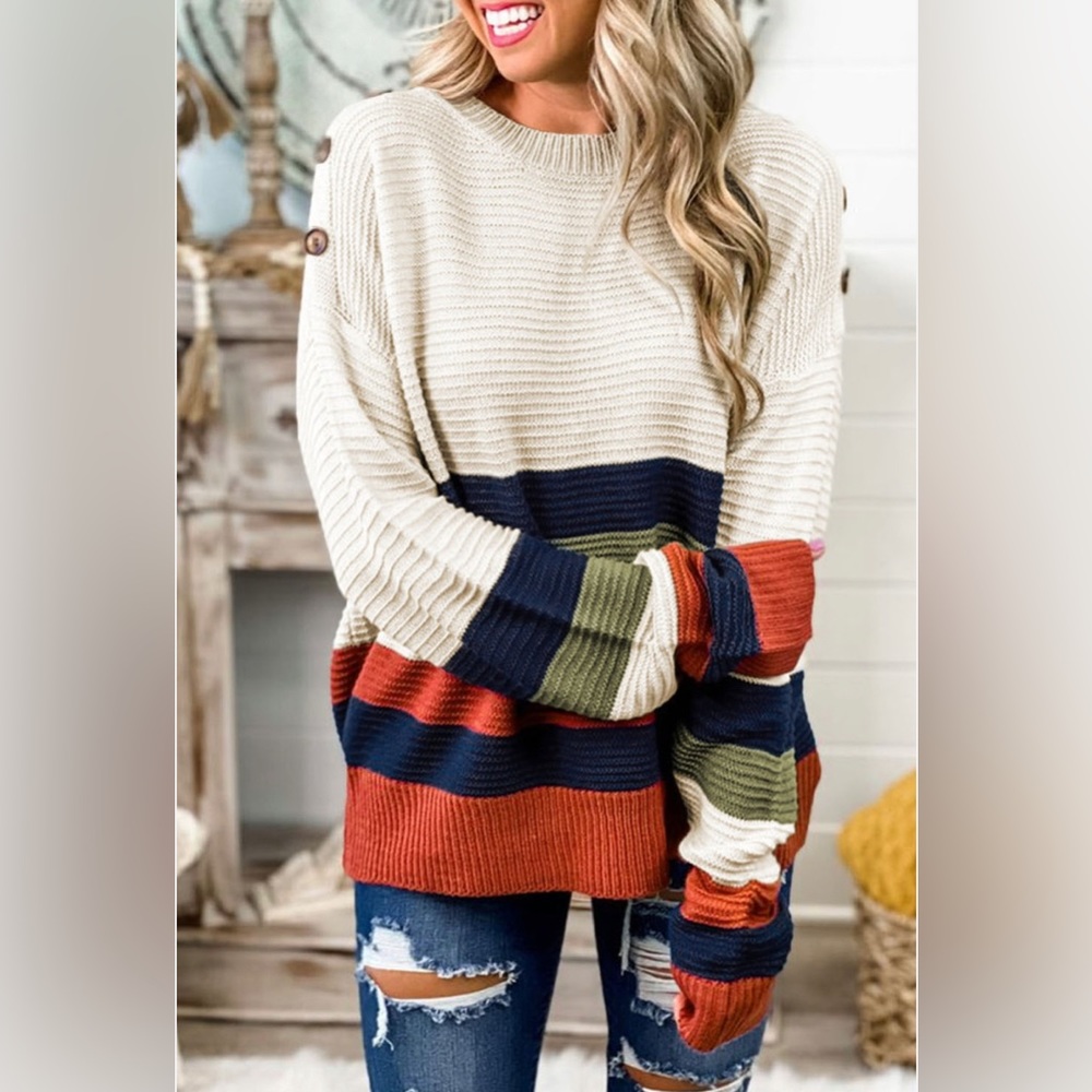Shewin Fall Striped Button Knit Sweater Cream, Navy, Green, & Orange NWT Medium